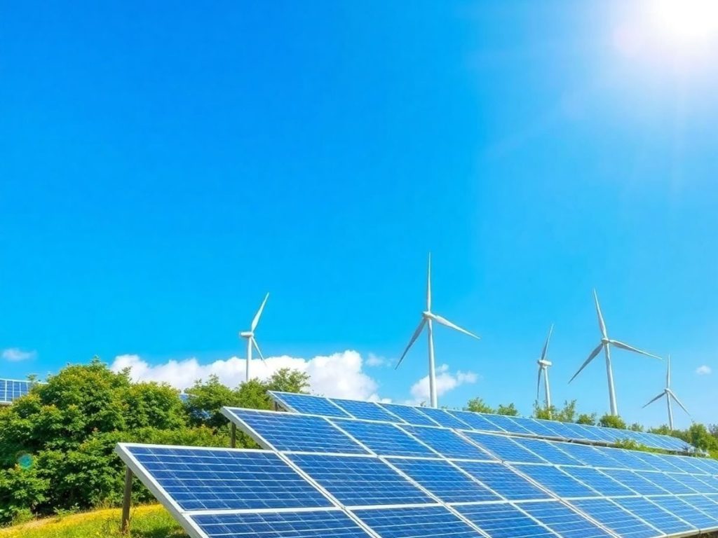 Peisaj verde cu panouri solare și turbine eoliene.